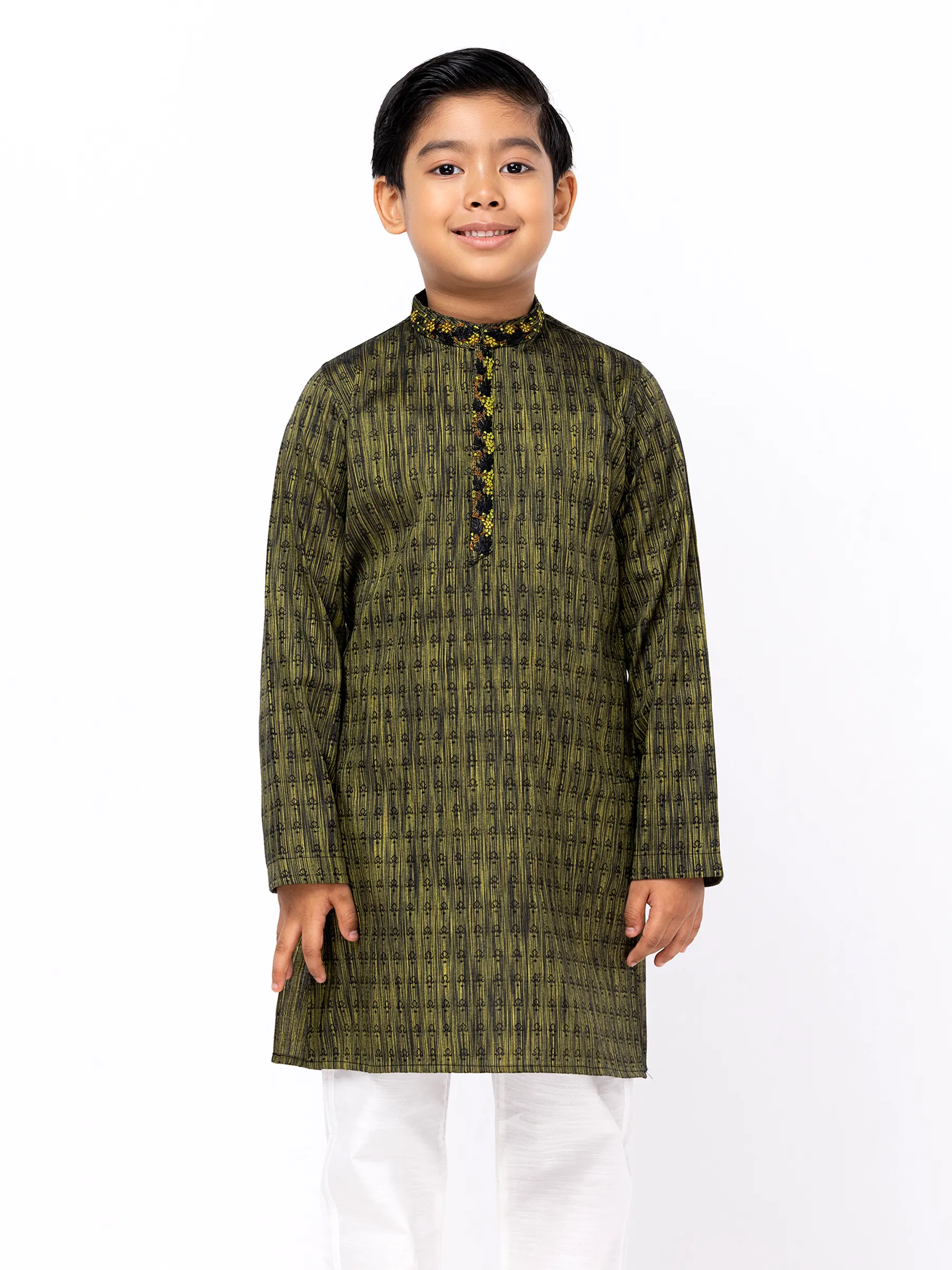 Green Textured Erri Embroidered Mixed Viscose Panjabi